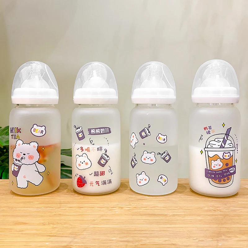 

320ml Cute Cartoon Bear Glass Pacifier Water Bottle Straw Cup For Adult Children Milk Frosted Bottle Baby Feeding Bottles