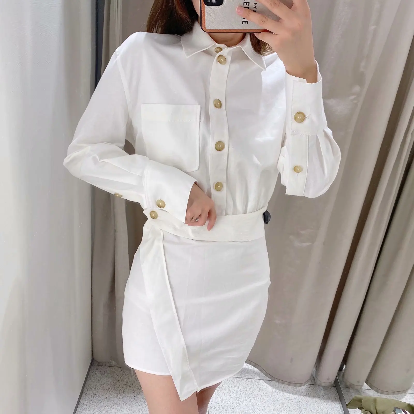 

Spring Za 2021 White Chic Shirt Office Dress Women Out Going Contrast Buttons Short Collar Dress Woman Long Sleeve Belt Dresses