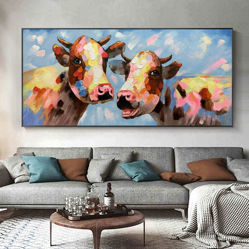 

Handmade Large Canvas Oil Painting Animal Painting Happy Cow Mural Art Decoration