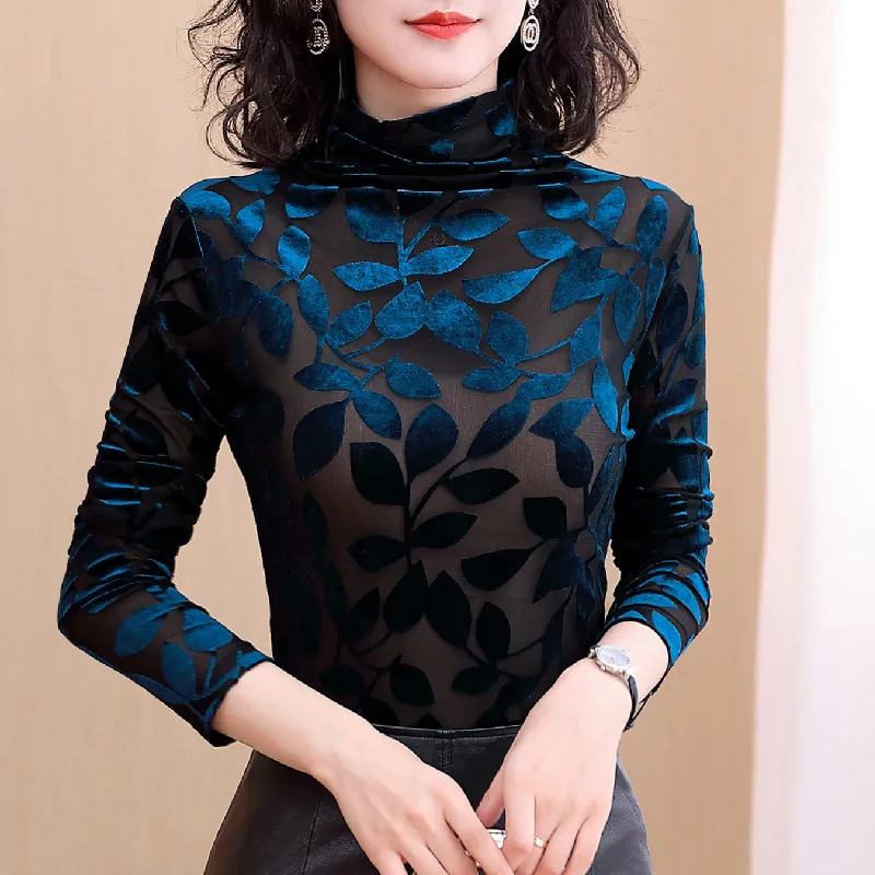 

Chikichi 2021 Spring and Autumn New Korean Fashion Velvet High-neck Bottoming Shirt Women's Long-sleeved Wild Mesh Top