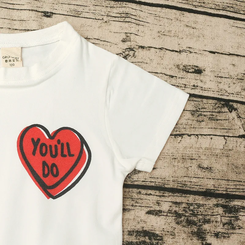

Summer Girls' Tees Coton Short Sleeve Tees Heart Print White T-Shirt For 1-6 Years Old Children European And American Style