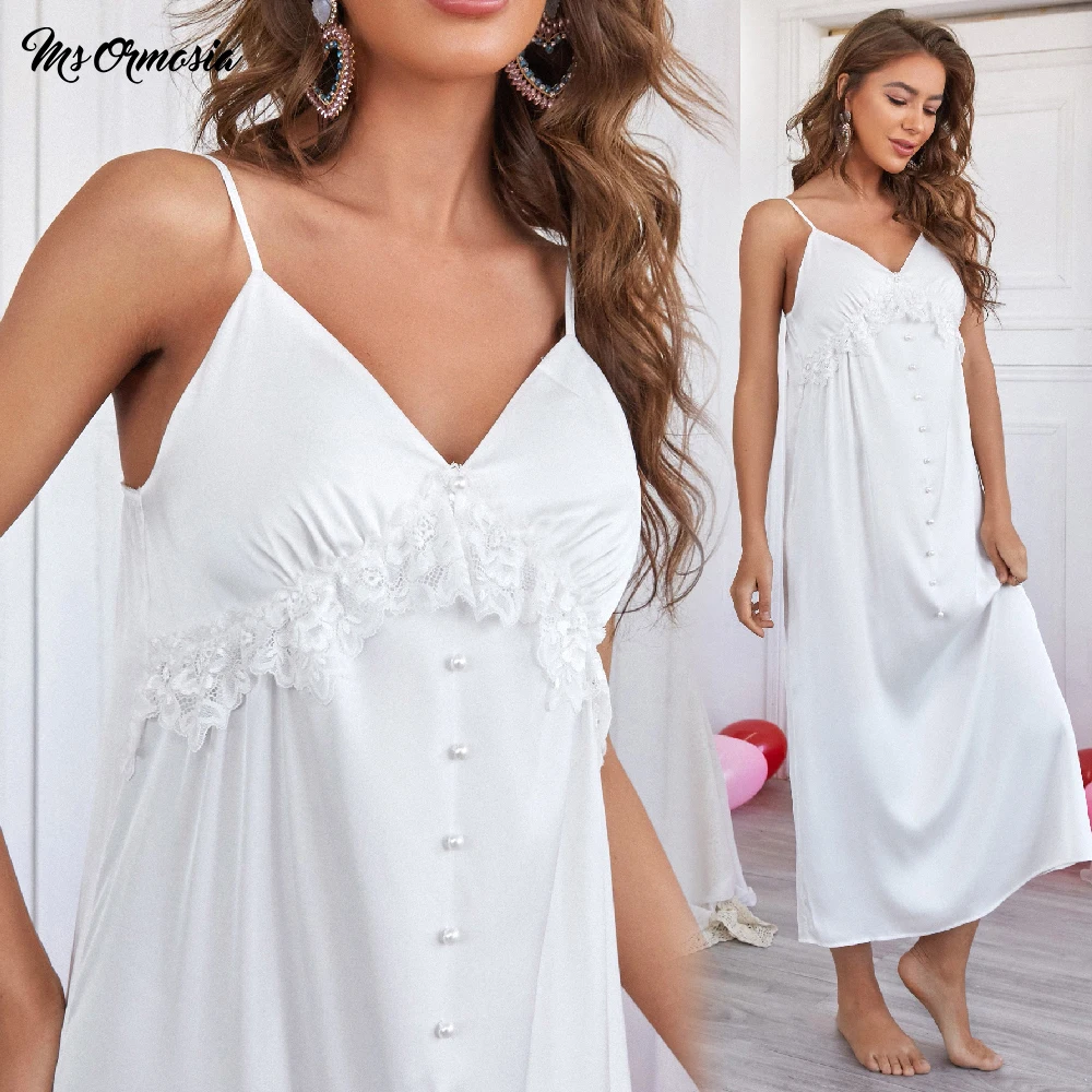 

White suspender nightdress sexy lace button decoration casual/comfortable home fashion silky texture high-end spring/summer new