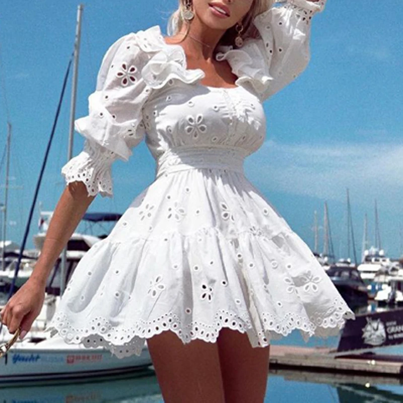 

Elegant Square Collar Ruffle Short Dress Solid Embroidery Hollow Out Party Dresses Women Half Sleeve A-Line Mini Dress Vestidos