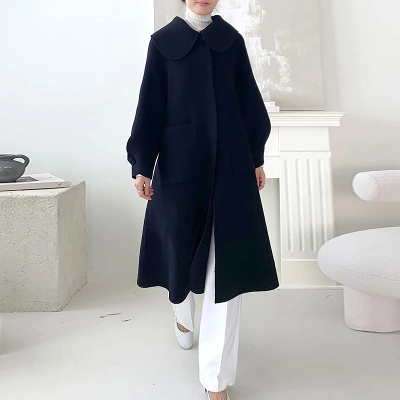 

2020 Winter Over Knee Style Peter Pan Collar Single Breasted Long-sleeved Solid Color Minimalist Woolen Overcoat V704