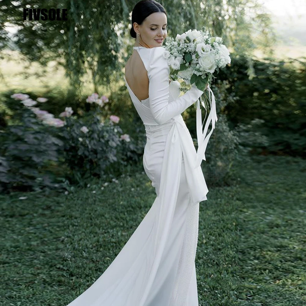 

Fivsole White Soft Satin Mermaid Wedding Party Dresses Long Sleeves Glitter Sequined Side Slit 2021 Women Formal Gowns Outfit