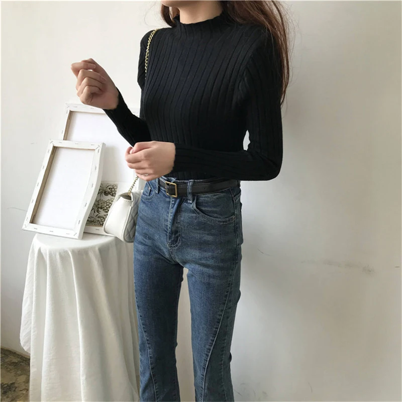 Женский свитер с высоким воротником черный вязаный пуловер длинным рукавом