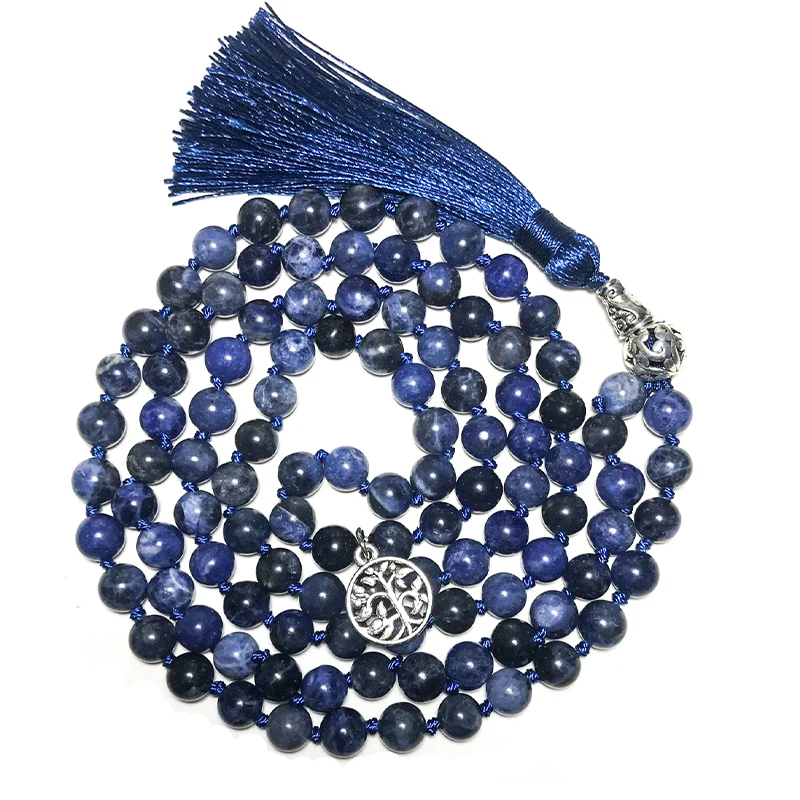 

8mm Blue Veins Lapis Lazuli Hand-Knotted Japamala Necklace Meditation Yoga Spirit Tibetan Jewelry 108 Mala Rosary Tassel Beads