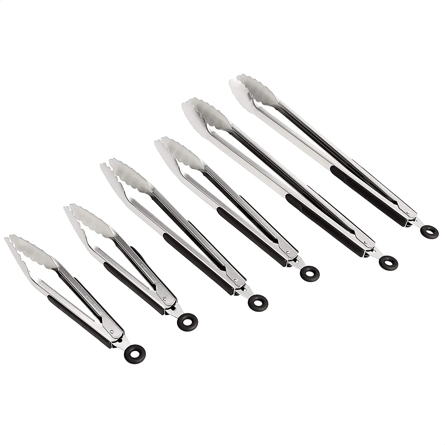 

AmazonCommercial Stainless Steel Kitchen Tongs, Non-Slip Grip, 9", 12" and 16" Tong Set, Black, Pack of 6