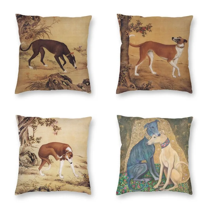 

Whippet Greyhound Vintage Art Square Pillowcase Decoration Sighthound Dog Chinese Style Cushion Cover Throw Pillow for Car