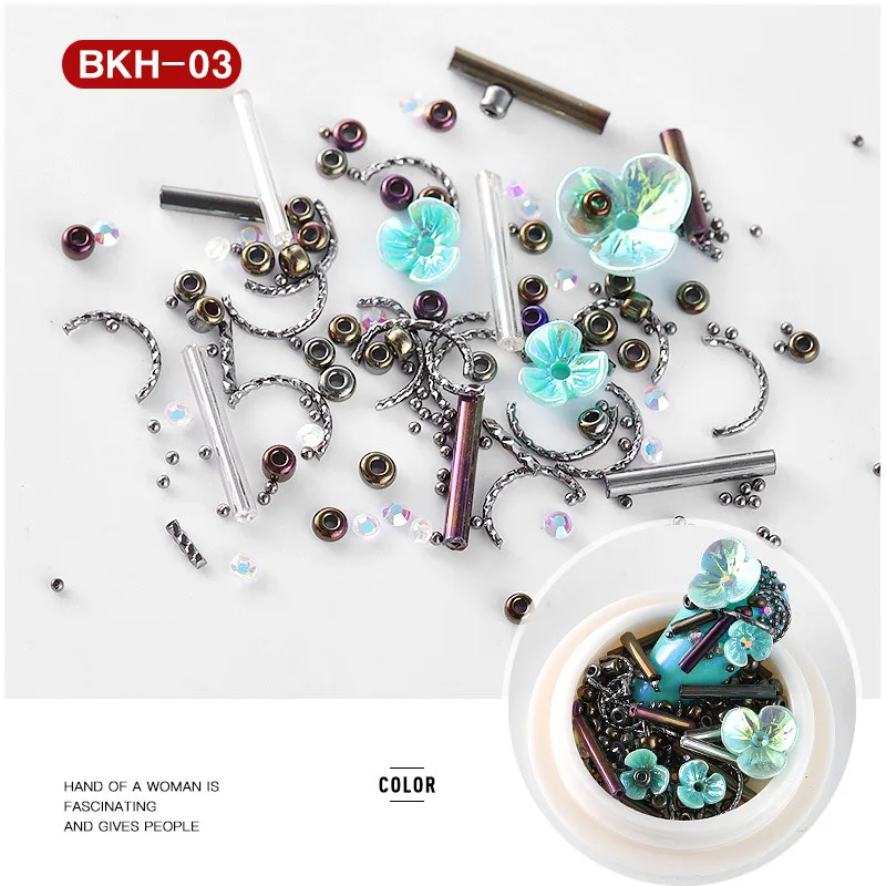 BKH-03 1 коробка, смешанные натуральные цветы в виде раковины, очаровательные жемчужные разноцветные бусины-икры, металлические заклепки для ногтей, шпильки, японские DIY 3D украшения для дизайна ногтей - Цвет: BKH-03