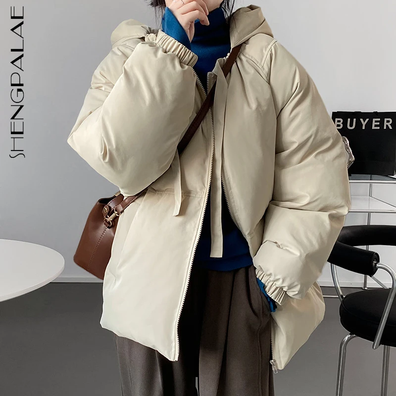 

SHENGPALAE Fashion Solid Color Cotton Padded Jacket Women's Winter 2021 New Hooded Bow Loose Zipper Long Sleeve Warm Thick Coat