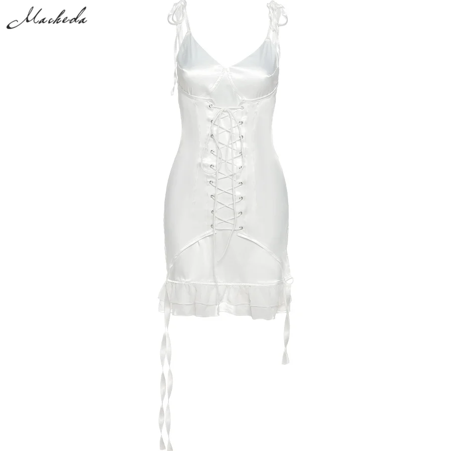 

Summer White Fashion Sling Dress Women Sexy Lace Up Slim V Neck Sleeveless Clothing Lady Solid Mini Dresses 2021 New