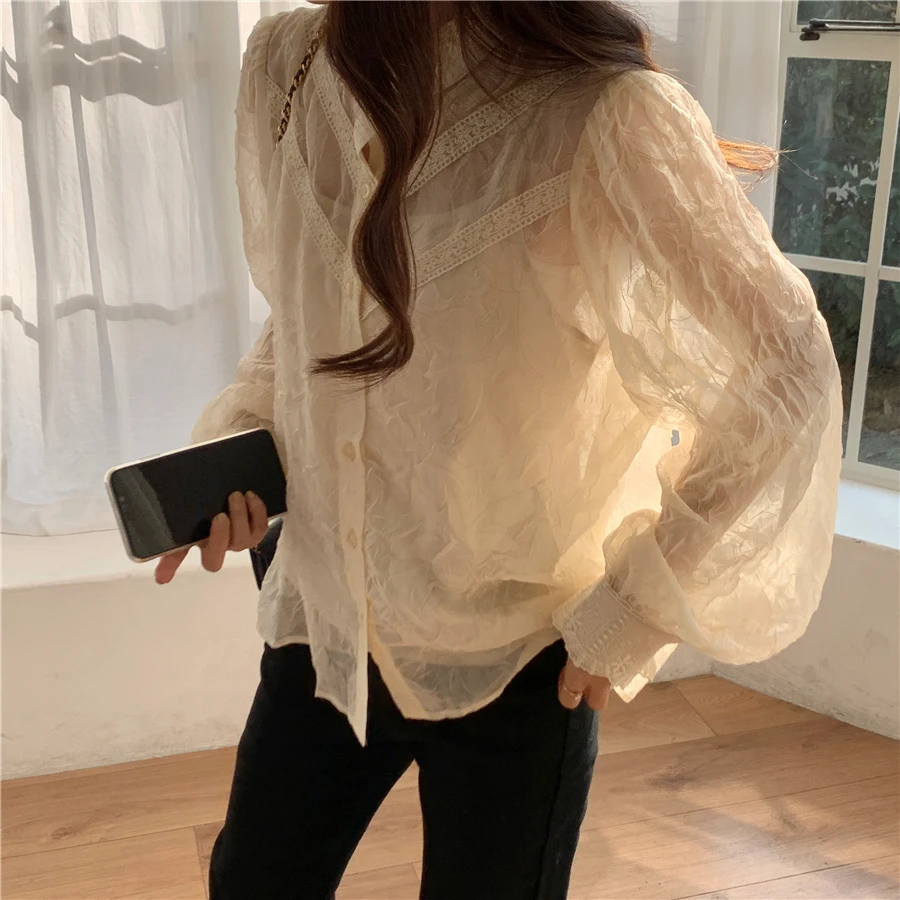 

Korean Ins Super Beautiful Texture Jacquard Design Half Turtleneck Lace Embellished with Suspenders Shirt Top for Women