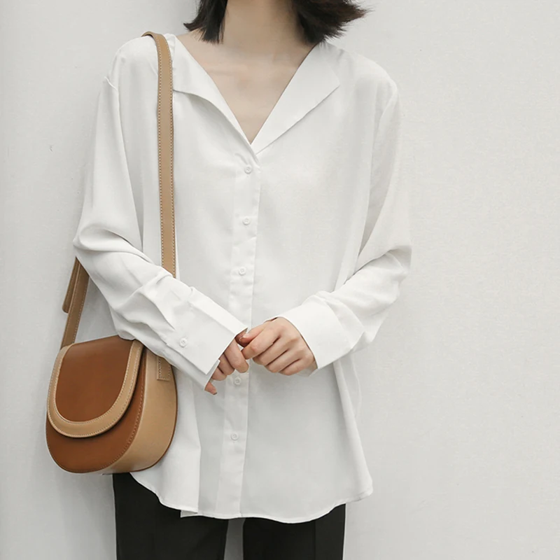 

2021 Autumn New Long Sleeved Shirt Women White Lapel Senior Drape Casual Blue Shirt Ladies Loose Blouse