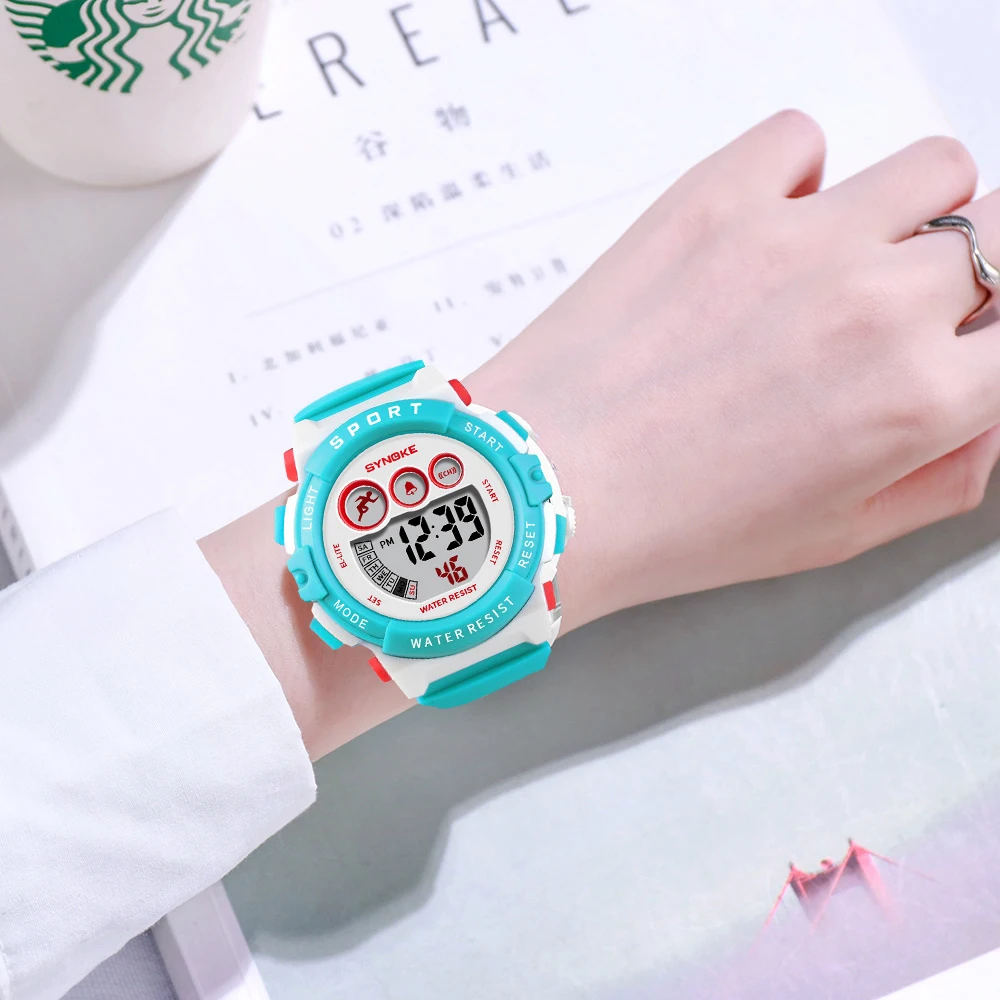 Цифровые многофункциональные детские наручные часы с ремешком из ПУ кожи для