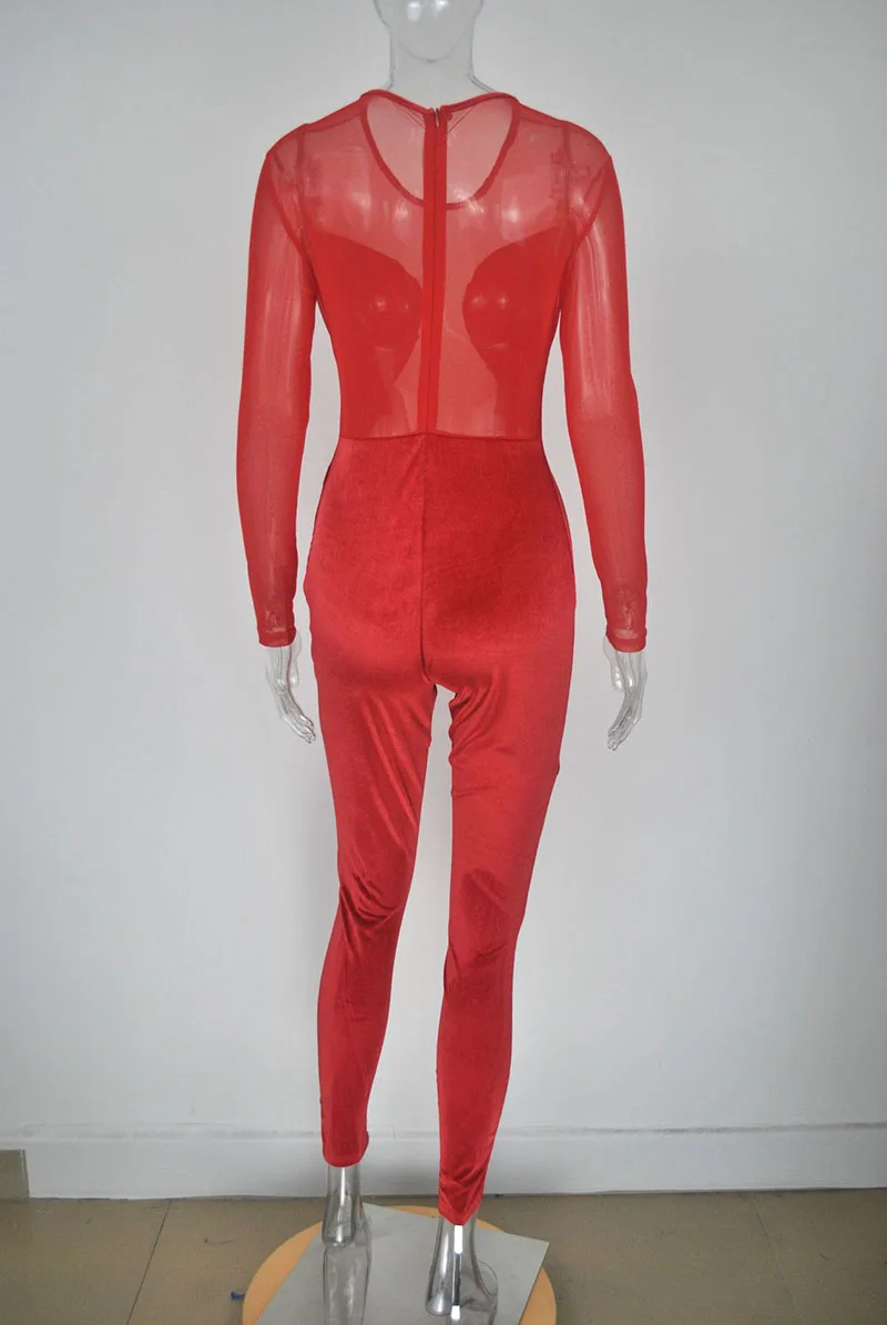 

Kricesseen Sexy Red Velvet Mesh Patchwork Skinny Jumpsuit Women Long Sleeve See Through Bodycon Party Clubwear One Pieces Romper
