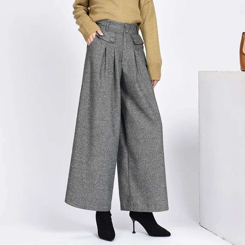 

3 Color Winter Women Pants Warmth Wool High Waist Pleated Loose Wide Leg Pants Ladies New Fashion Casual Solid Trousers M-4XL