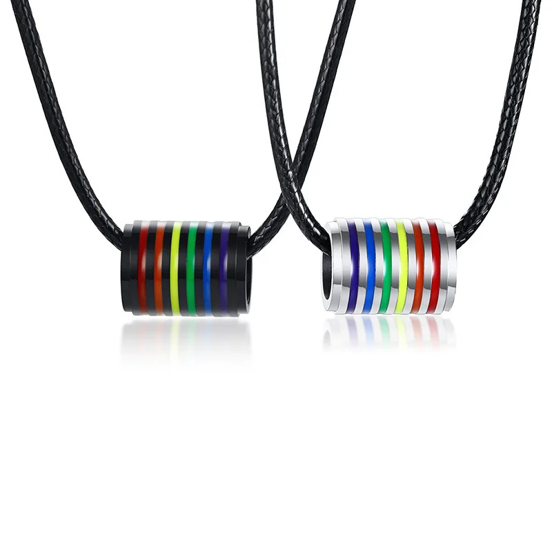 

Rainbow Gay Lesbian LGBT Pride Cylindrical Braided Leather Rope Silver Stainless Titanium Steel Dangle Necklace for Women Man