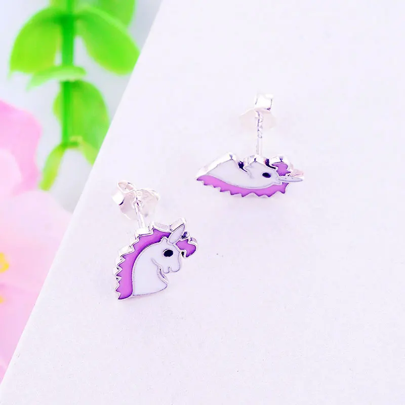 Серьги гвоздики с розовой эмалью и единорогом для девочек 100% Серебро 925 пробы