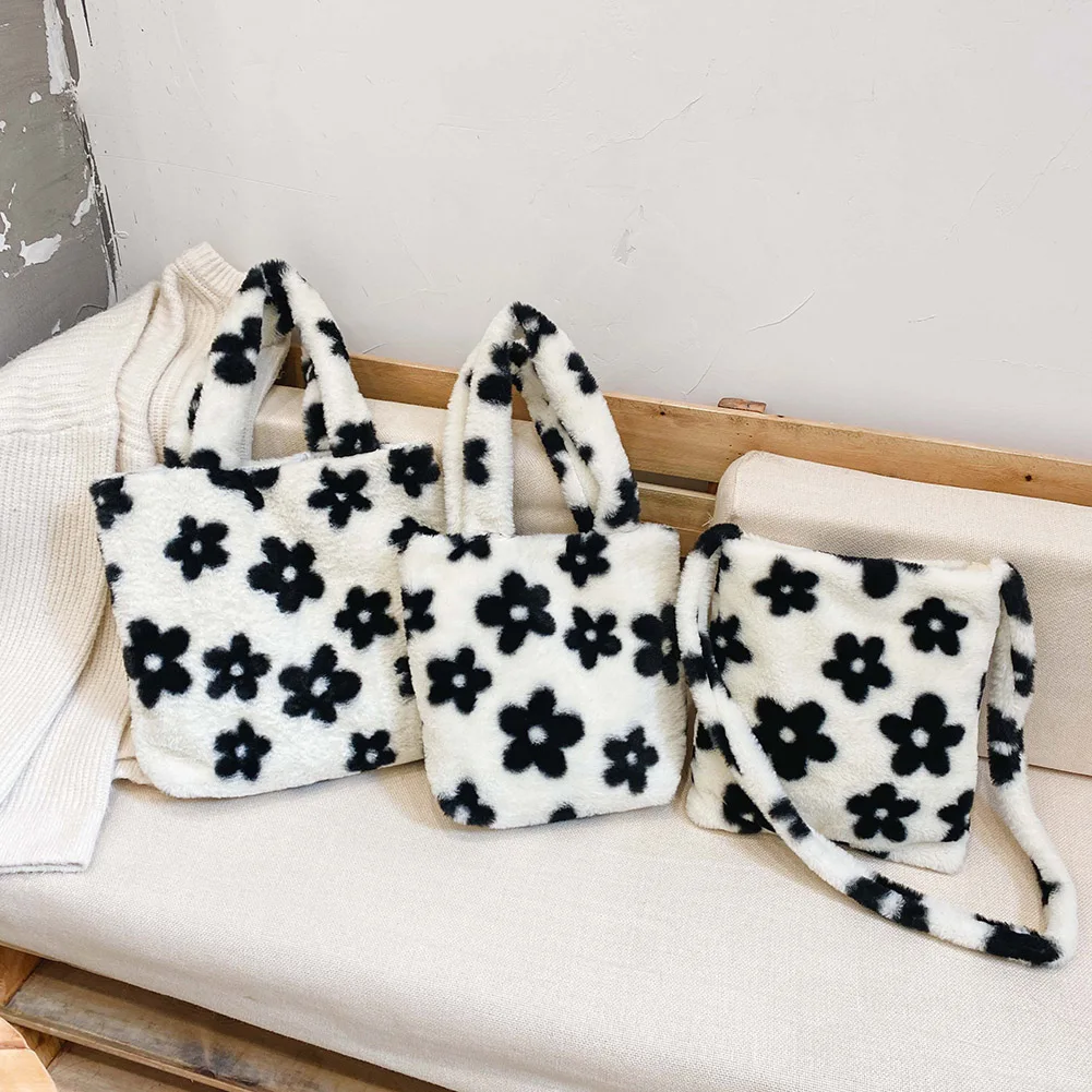 

Модные сумки с цветочным принтом, осенняя плюшевая мягкая пушистая сумка для женщин, Новая повседневная сумка с верхней ручкой, уличная сум...