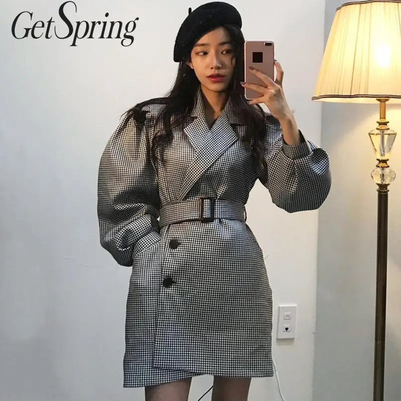 Getвесеннее Женское шерстяное пальто в клетку с длинным рукавом однобортное