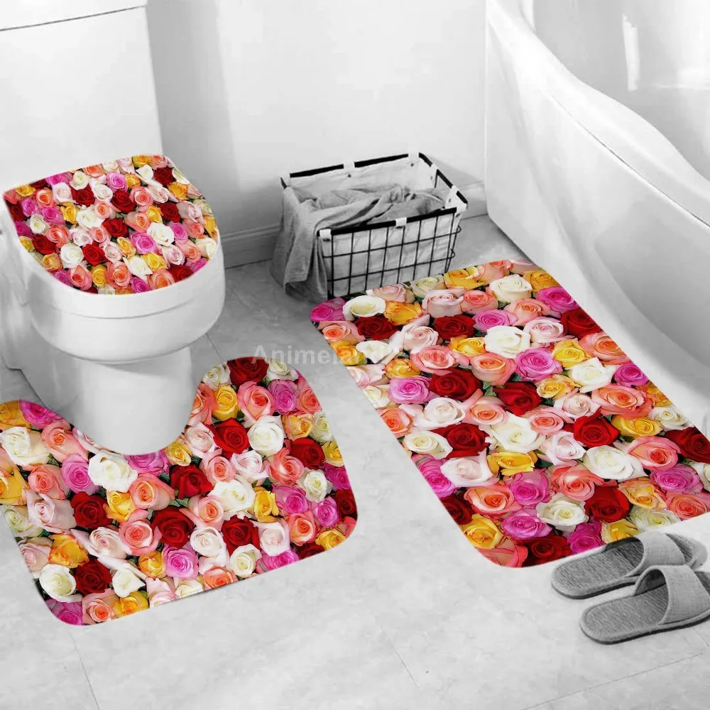 

Colorful Rose Flower Shower Curtains Bathroom Curtain Bath Sets Toilet Cover Mat Non-Slip Washroom Rug Set Modern 180x180cm Hot