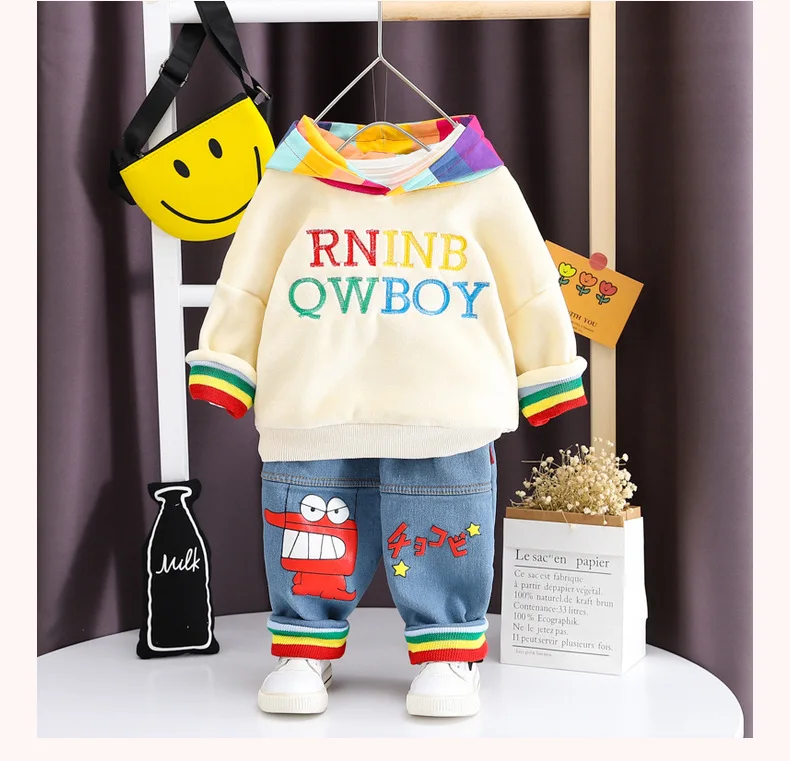 Korean New Winter Baby Boys Girls Clothes Plus Velvet Letter Hooded Striped Long Sleeve Tops And Jeans Jogging Pants 2pcs/set