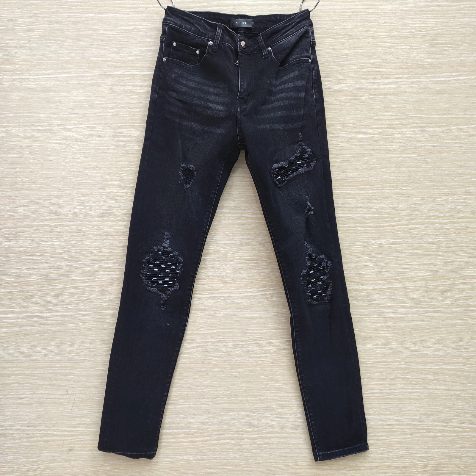 

Fashion High Street Hot Stretch Denim Motorcycle Pants Mens Jeans Skinny Knee Stitching Black Patchwork Biker Jean Stacked Jean