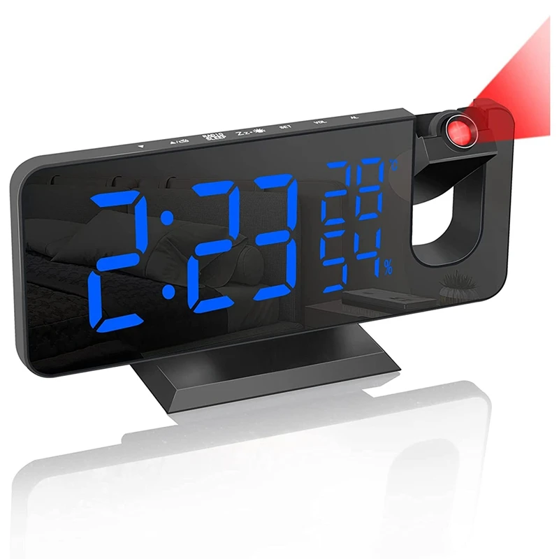 

Projection LED Digital Alarm Clock, Dual Clock Snooze Ceiling Alarm FM Radio Indoor Dimmer Temperature Humidity