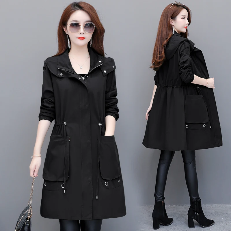 Женский модный длинный плащ Новинка весна осень тонкий с капюшоном на молнии