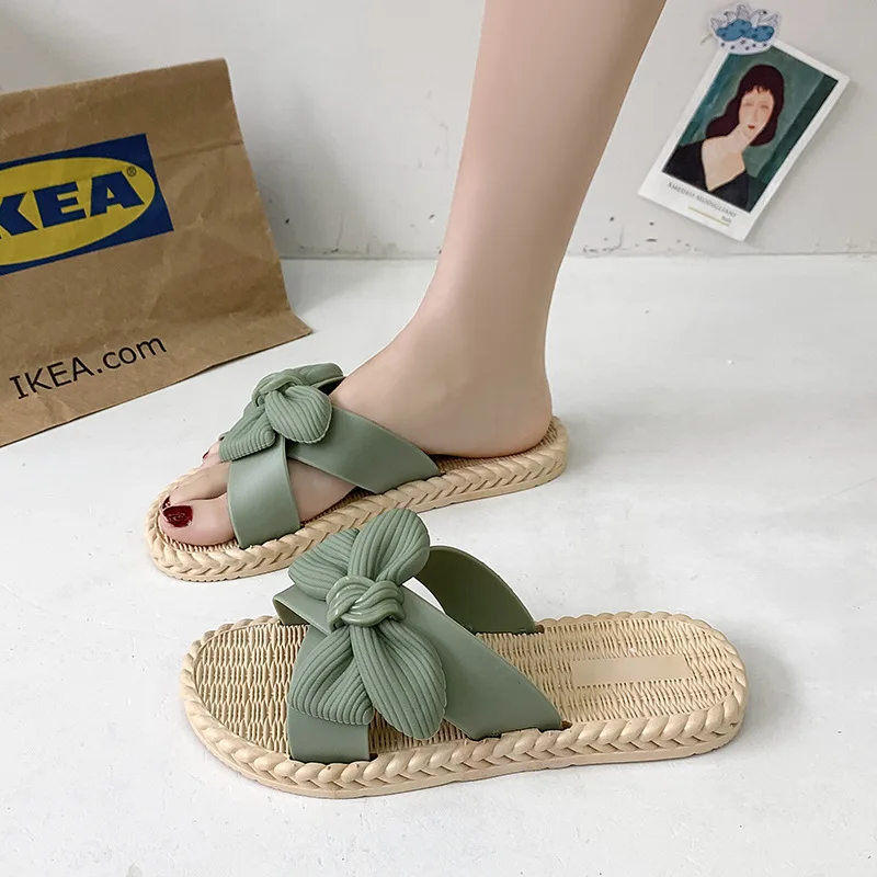

Summer Women's Sandals 2021 Bow Casual Flowers Flat Ladies Slippers Korea Green Fashion Non-Slip Sanitary Beach Female Shoes