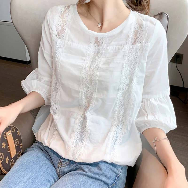 

Spring Sweet Solid White Chiffon Shirt 3/4 Sleeved Top Women's Lantern Sleeve Lace Patchwork Casual Blouses