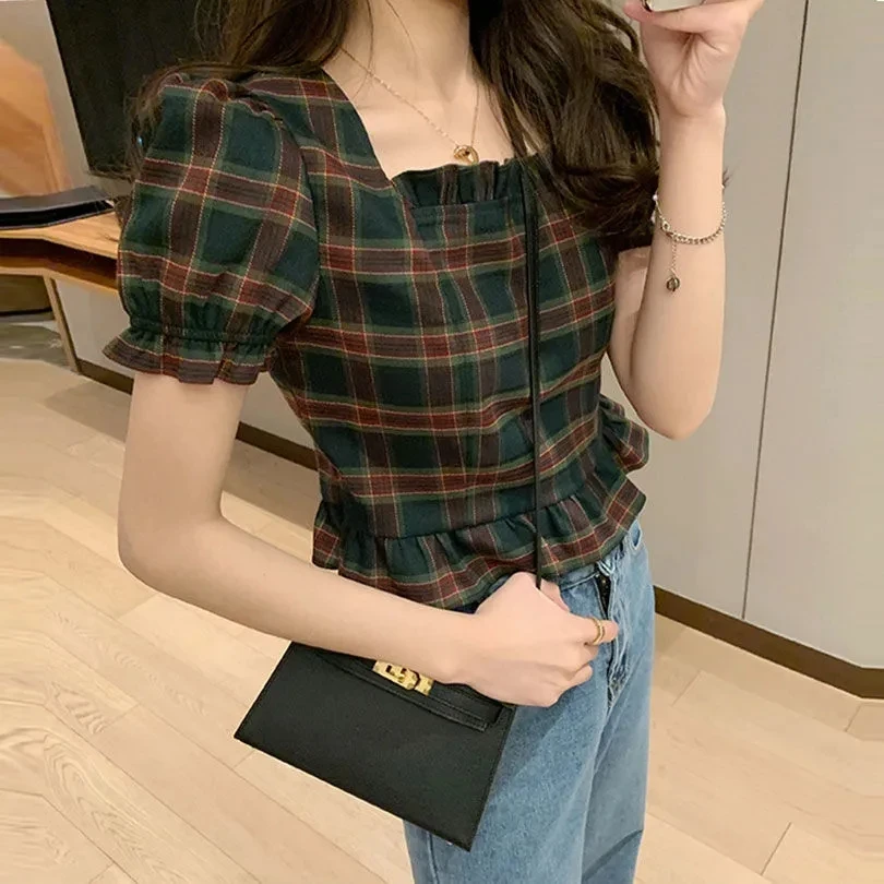 

Топы/женские модные ботинки, полусапожки, ботильоны с квадратным воротником и оборками с коротким рукавом и клетчатые Короткие топы в Корей...