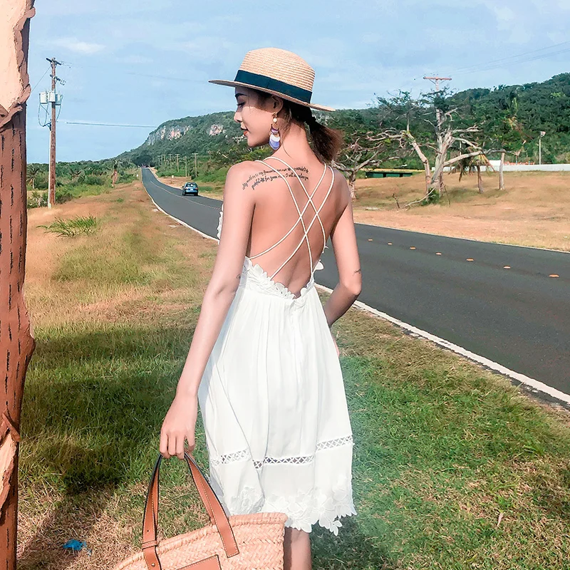 

Korean Vintage Strap Short Beach Dress Summer Women High Waist White Lace Sundress Elegant Female Sexy Backless Party Vacations