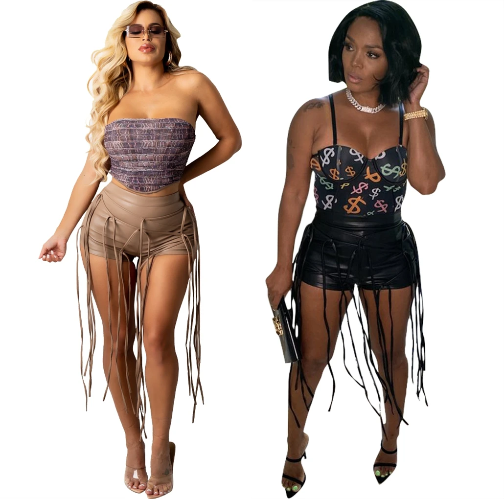 

New Trend Europe And The United States Women's Spring Summer Fashion Leisure Slim Large Elastic Leather Rope Shorts LS6460