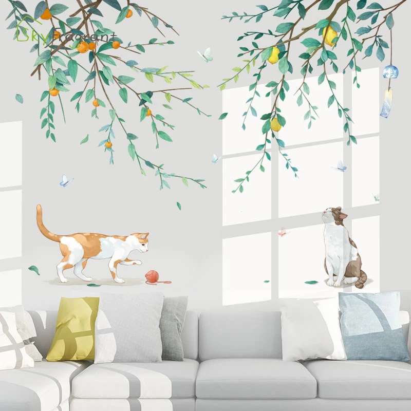 Creative Fresh Wall Sticker Fruit Branch Cat Self-adhesive Living Room Decoration Bedroom Decor Home Stickers | Дом и сад