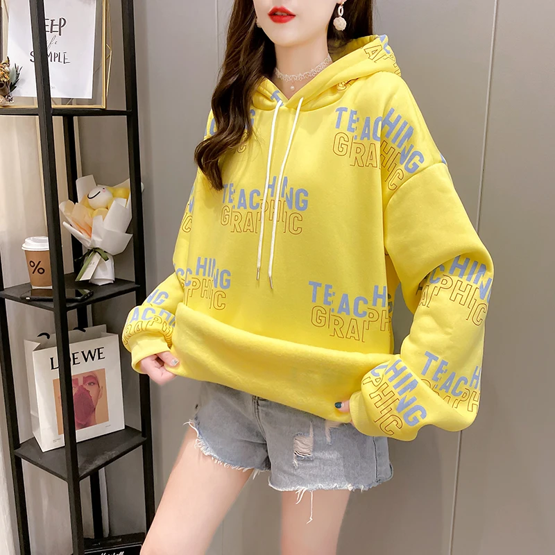

CN 2021 New Women Sweatshirt Autumn Winter Korean Letter Print Pullovers Loose Oversized Thick Fleece Sweatshirt Women
