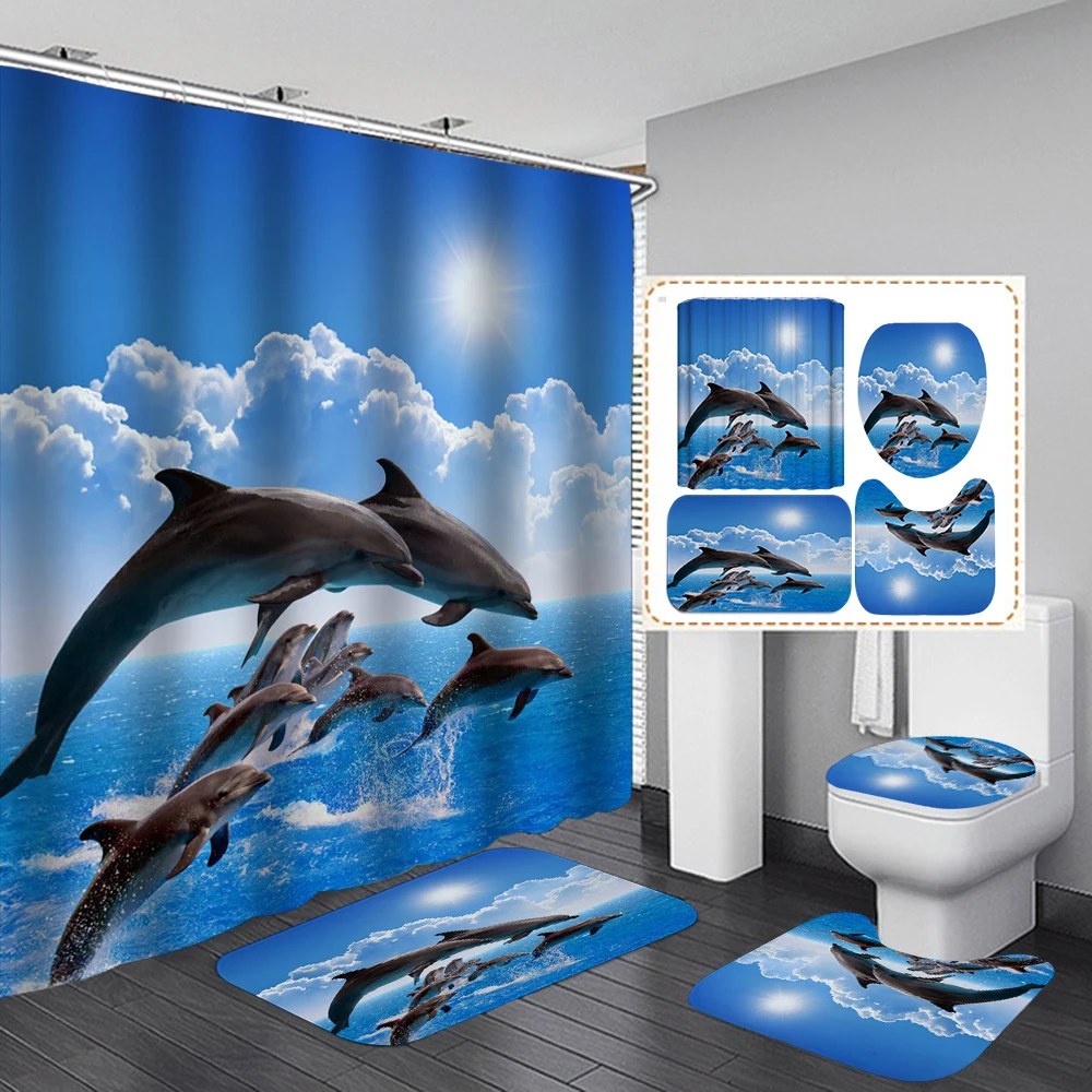 

3D Ocean Animal Dolphin Shower Curtain Set Tropical Fish Sea Turtle Bathroom Curtains Anti-skid Rugs Toilet Lid Cover Bath Mat