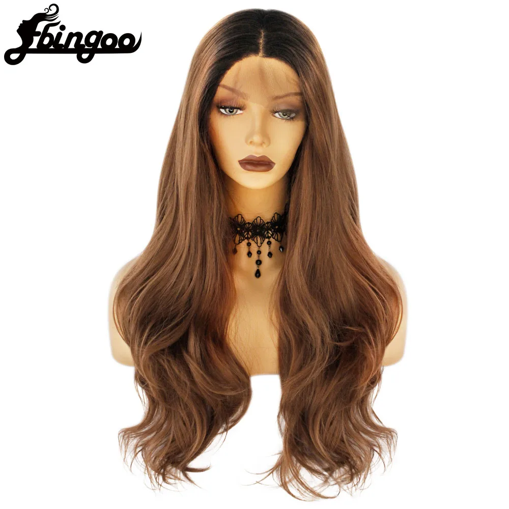 Ebingoo T Part Lace High Temperature Fiber Peruca Long Natural Wave Hair Wigs Ombre Brown Synthetic Lace Front Wig  for Women