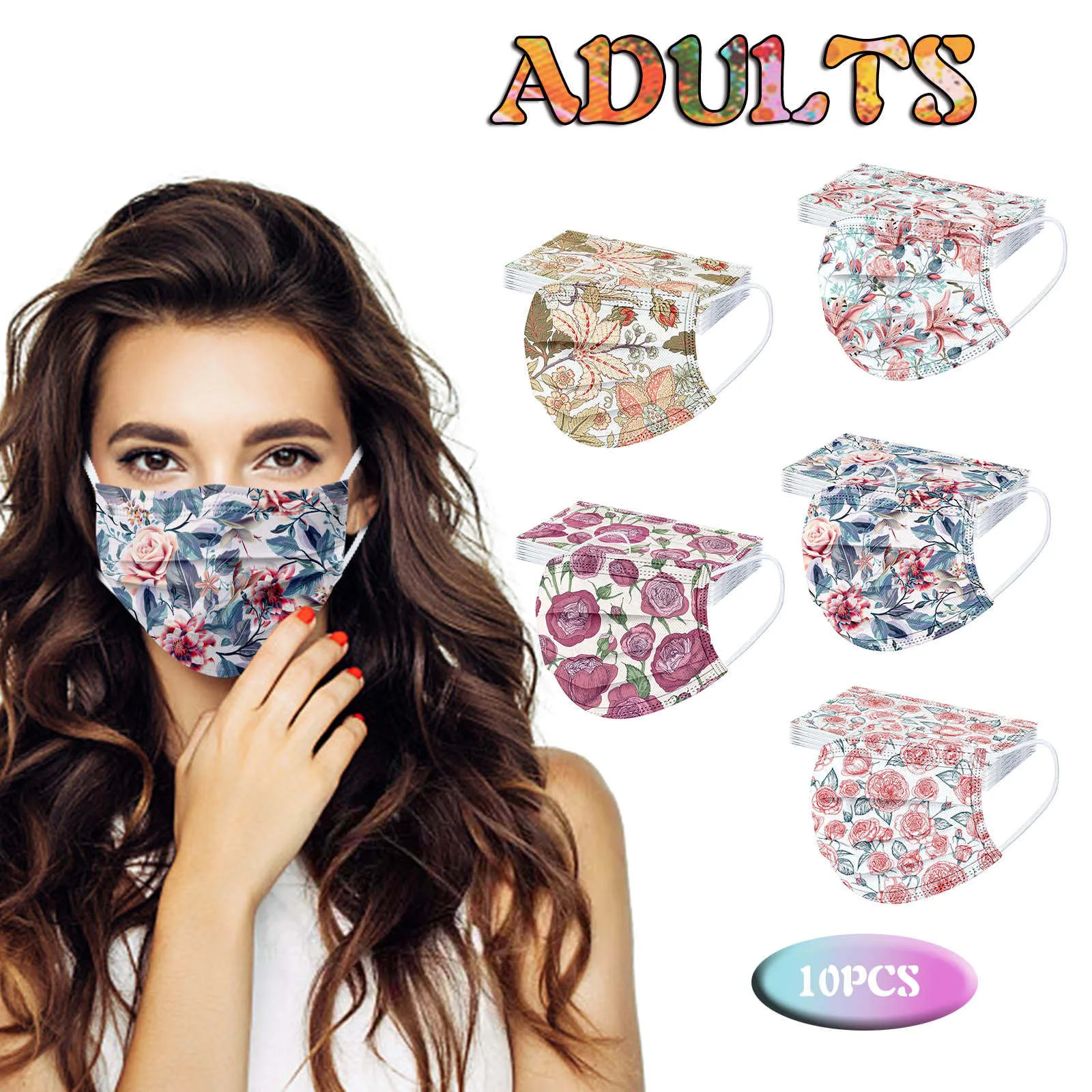 10pc Adult's Flower Print Disposable Mask Mascarillas Adult Breathable For Face Masque Noir Halloween Cosplay Designer | Тематическая