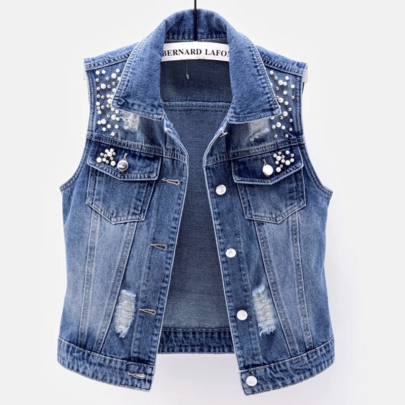 

Spring Autumn New Beaded Vests Jacket Sleeveless Waistcoat2021 Womens Denim Vest Brushed Hole Slimming Vests Outerwear Blue 3XL