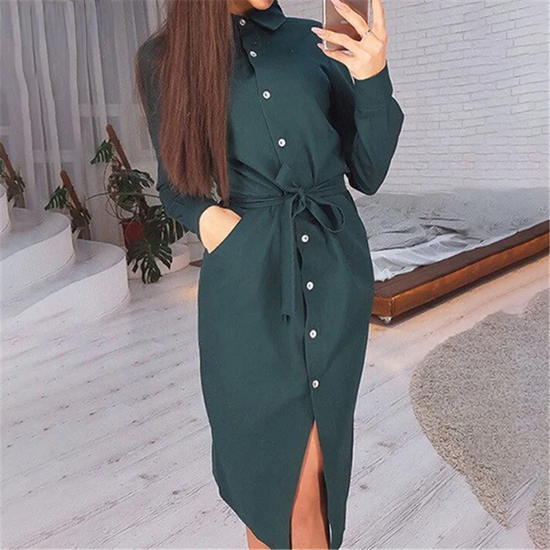 

Autumn Women Shirt Dress Elegant Office Dresses 2021 Casual Solid Long Sleeve Turn-down Collar Button Dress