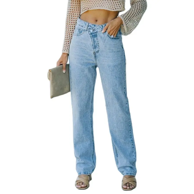 

Женские прямые джинсы с завышенной талией, голубые повседневные джинсовые брюки с асимметричной талией, офисные хлопковые брюки из денима, Новинка осени 2021