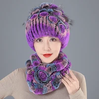 new style lady knit fur hats muffler 2 pieces women warm rex rabbit fur hat scarf sets winter natural rex rabbit fur cap scarves