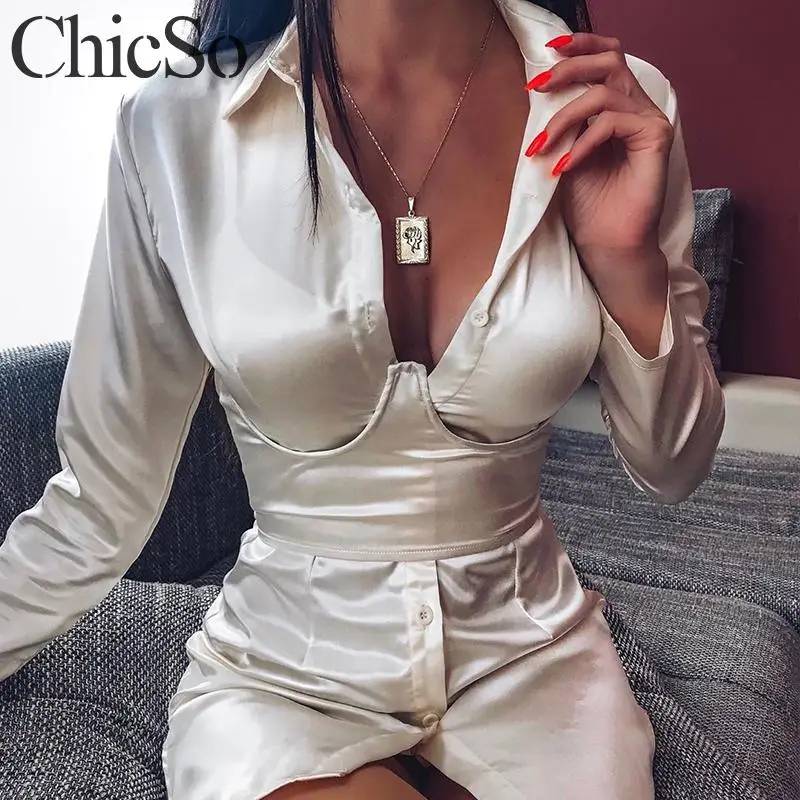 MissyChilli атласное сексуальное короткое платье рубашка женское элегантное