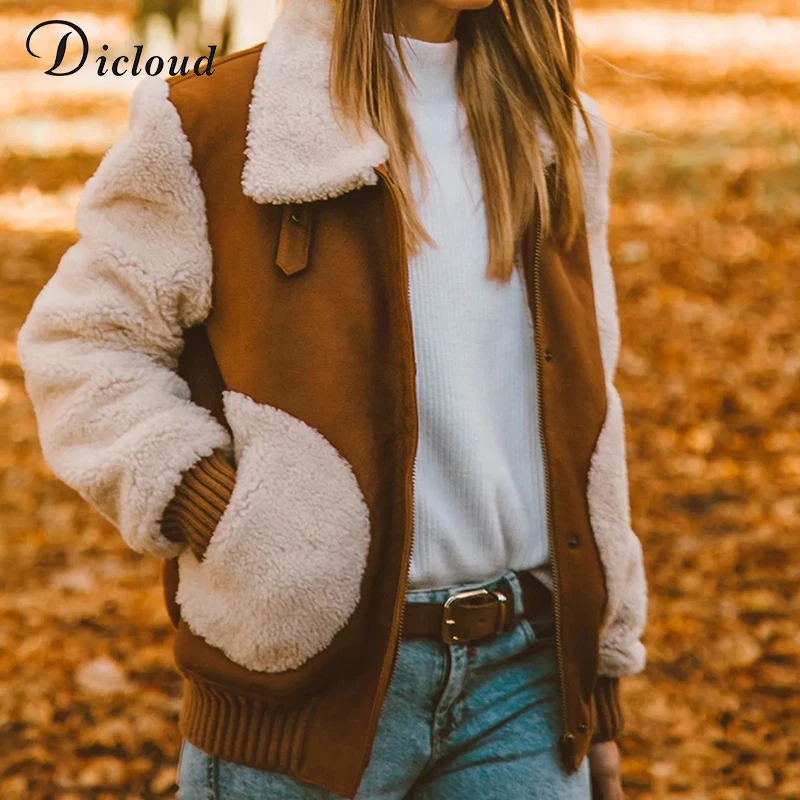 DICLOUD женская зимняя куртка бомбер с мехом пэтчворк толстая теплая парка