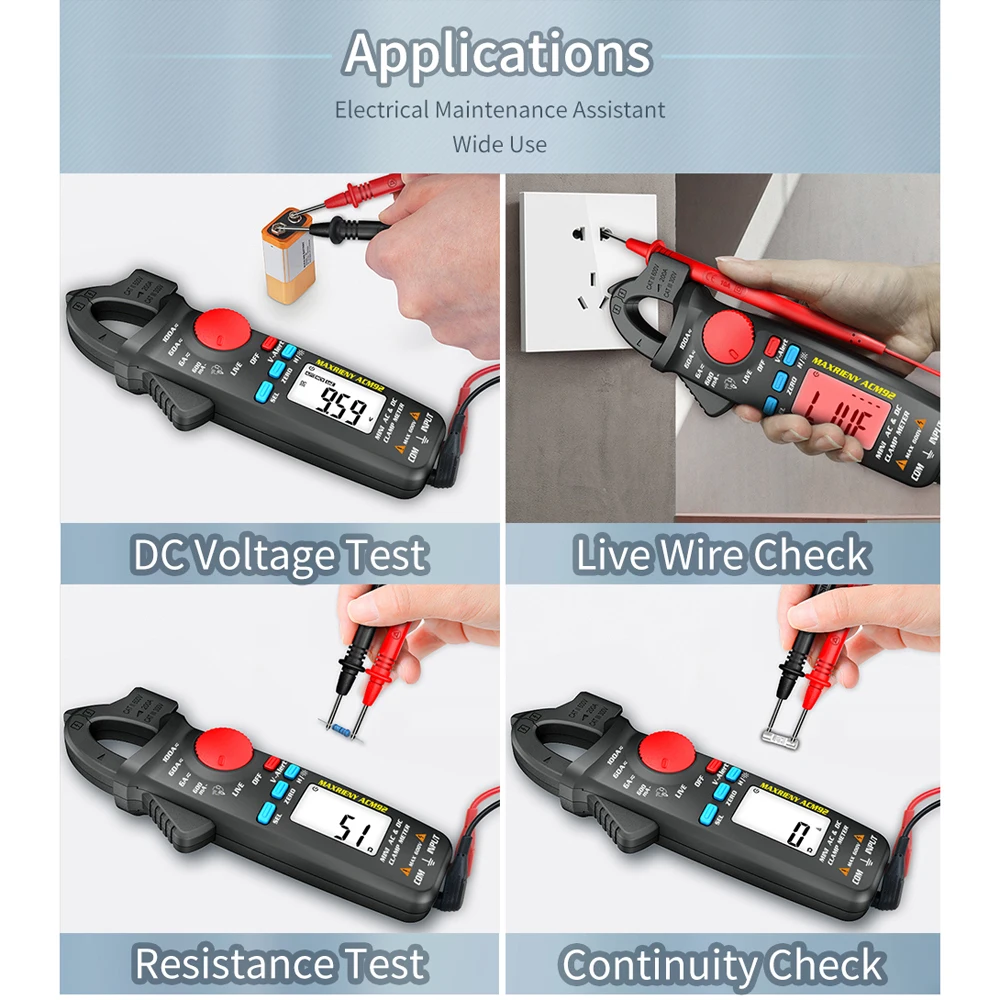

MAXRIEN Portable ACM92 0.1mA DC/AC Clamp Meter True RMS 6000 Counts Auto Ranging Multimeter Resistance Amp Voltage Frequency