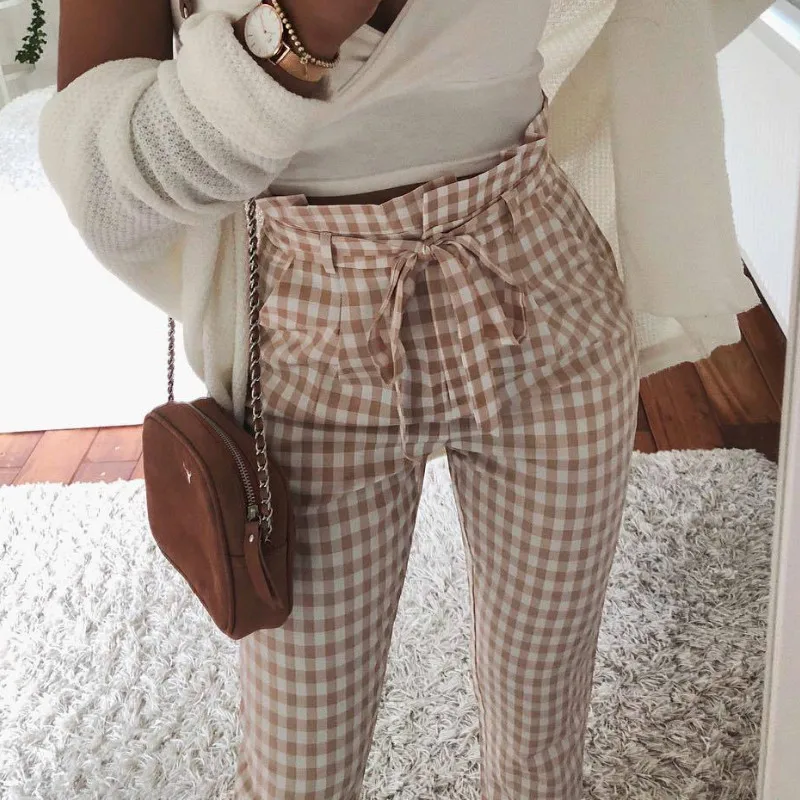 2019 повседневные штаны серого и бежевого цветов с бантом клетчатые шаровары