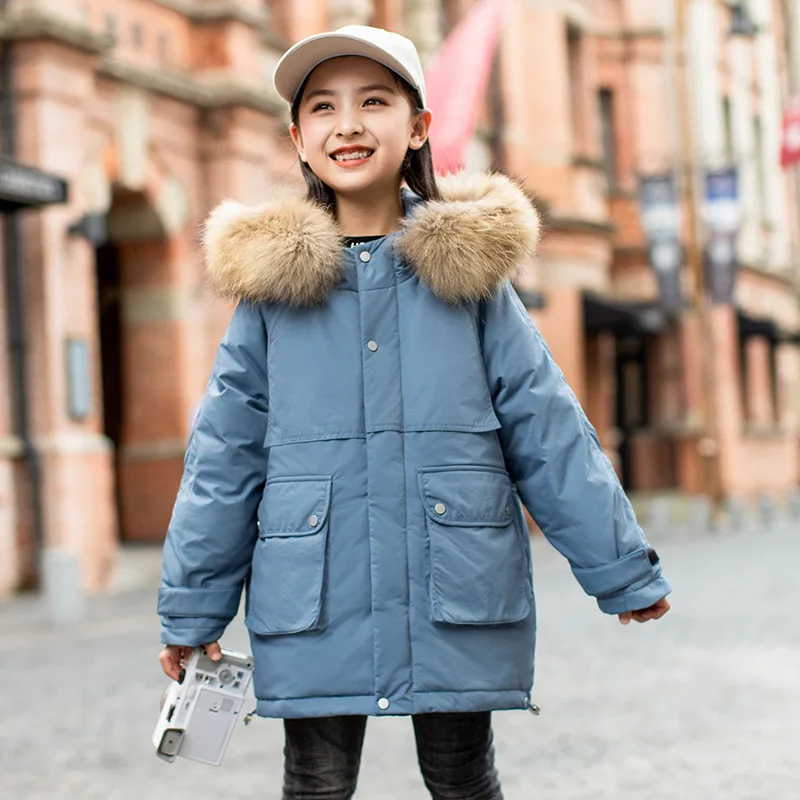 

2021 Winter new children's down jacket Girls pure color warm thick coat Big girls long fashion down jacket Natural fur collar