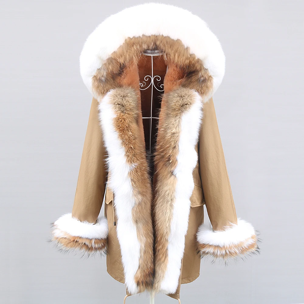 

7XL Winter Jacket Women Natural Raccoon Fur Collar Real Fur Coat Color Matching Hood Cuffs Thick Warm Outerwear New Long Parka